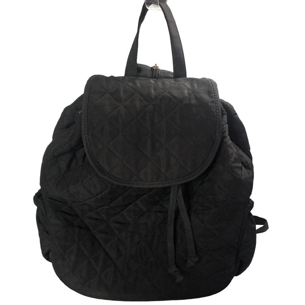 Joy Susan Black Quilted Backpack Purse Drawstring Flap Lightweight Everyday Bag